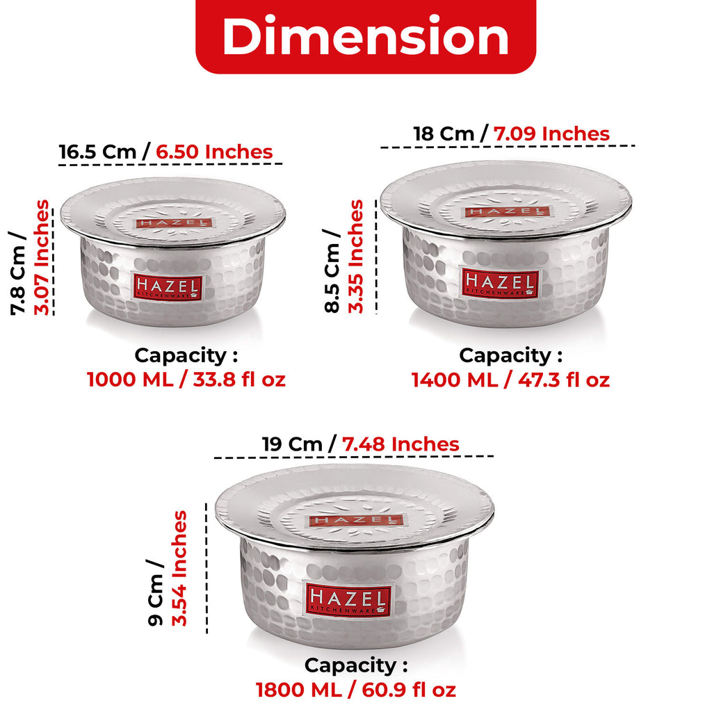 Aluminium Hammered Tope /Patila Set with Lid – (Set of 3, - 1 L,1.4 L ,1.8 L)