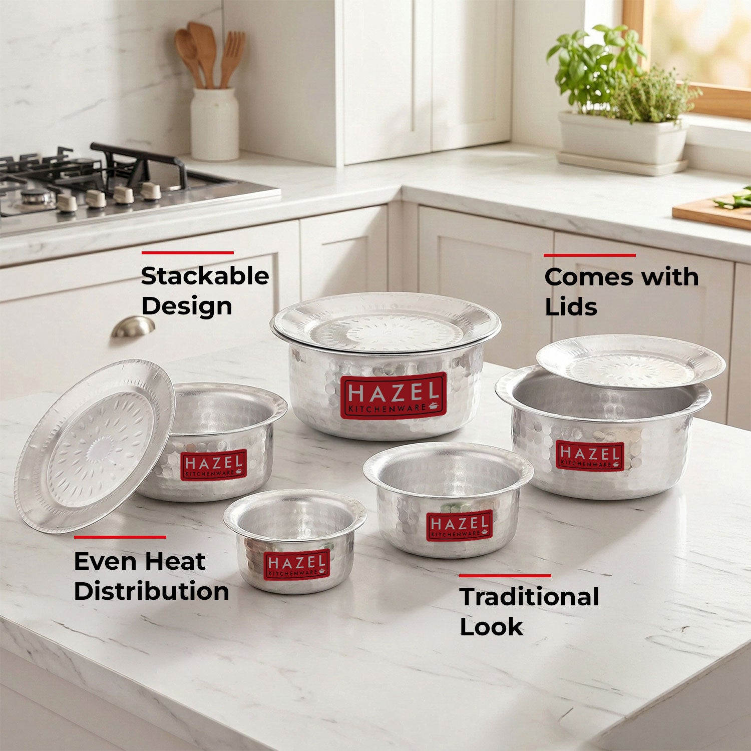 Aluminium Hammered Patila (Tope) Set With Lid  -(Set of 5 - 1L, 1.4L, 1.8L, 2.2L, 2.75L)