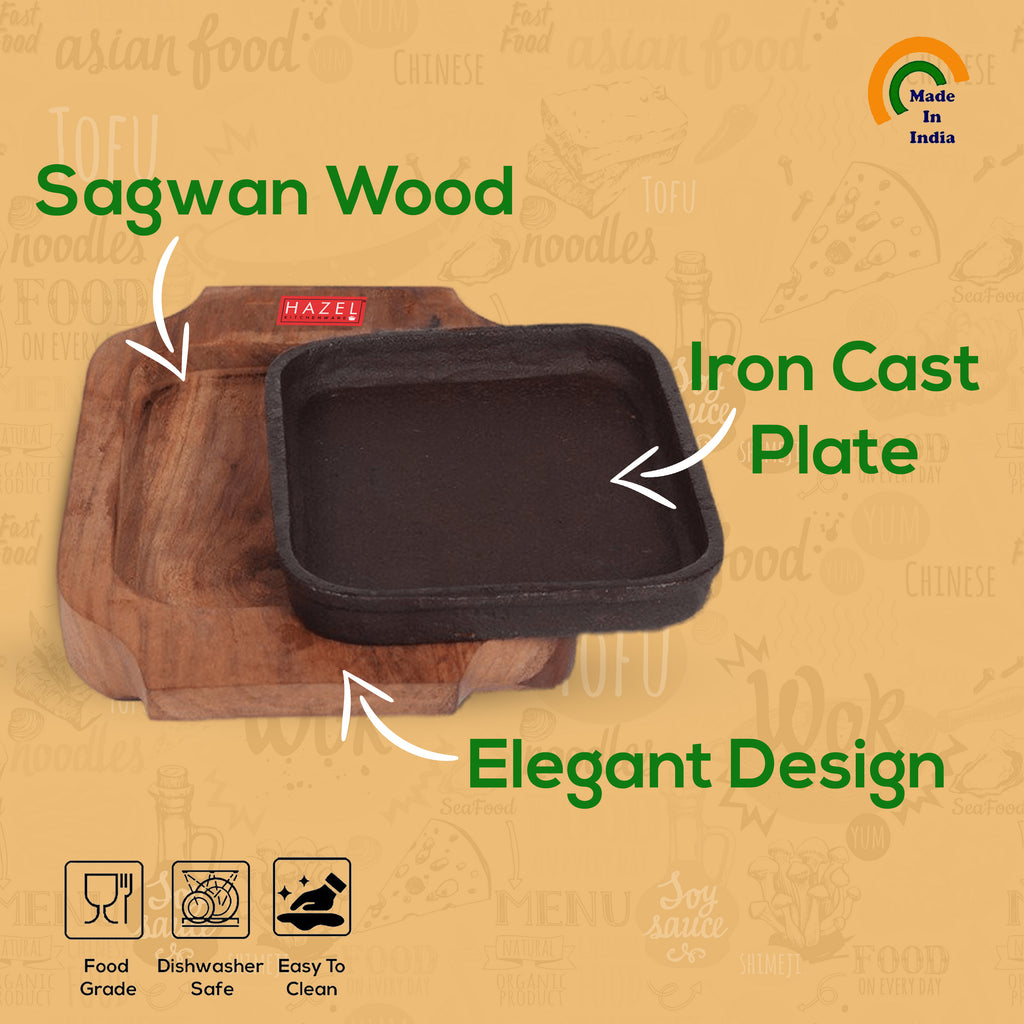 Sizzling Brownie Plate / Tray With Wooden Base Square, 5 Inch
