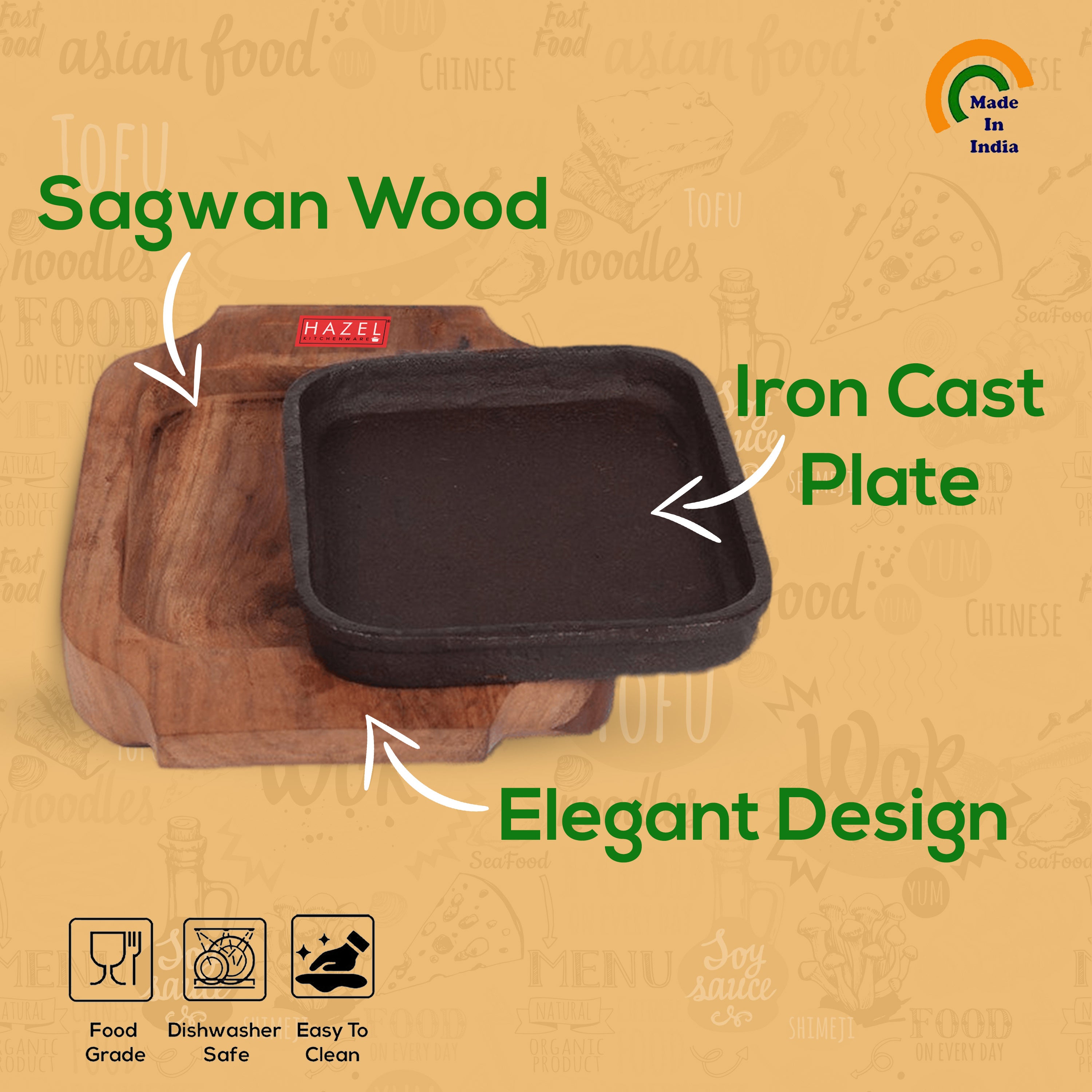 Sizzling Brownie Plate / Tray With Wooden Base Square, 5 Inch
