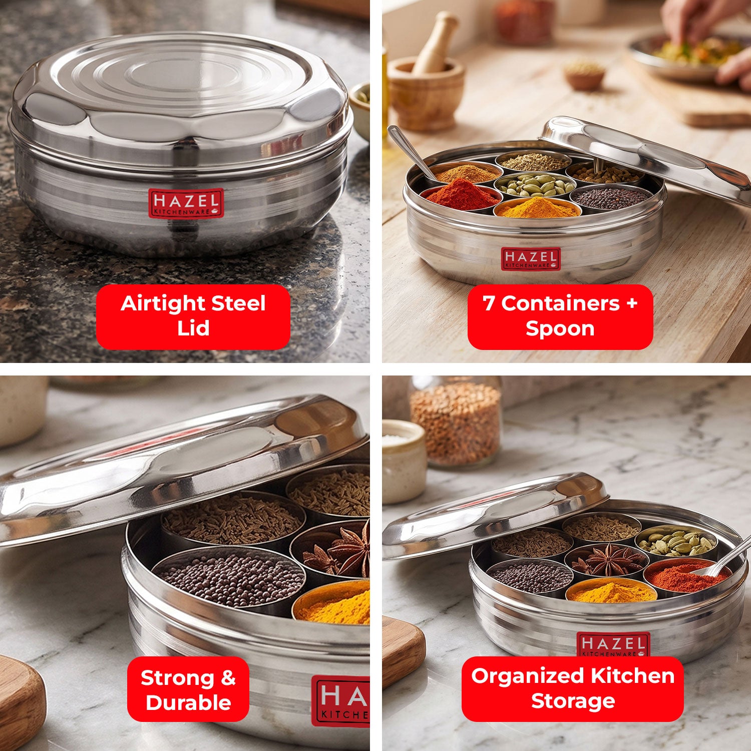 Stainless Steel Masala Dabba with Airtight Lid, 7 Containers and 1 Spoon