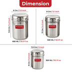 Stainless Steel  Kitchen Containers for Tea, Coffee, Sugar - 3 pc : 300 ML, 500 ML, 650 ML