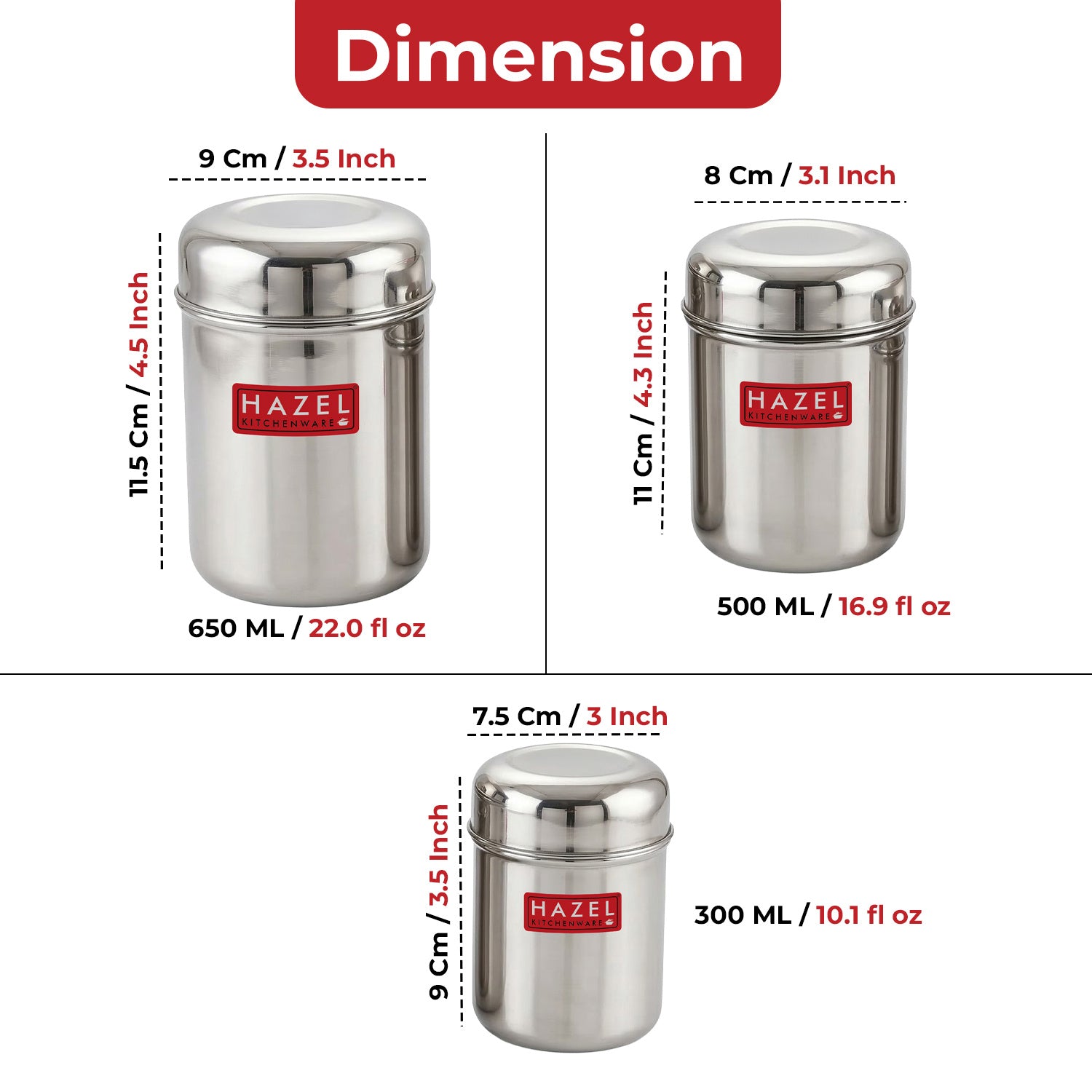 Stainless Steel  Kitchen Containers for Tea, Coffee, Sugar - 3 pc : 300 ML, 500 ML, 650 ML