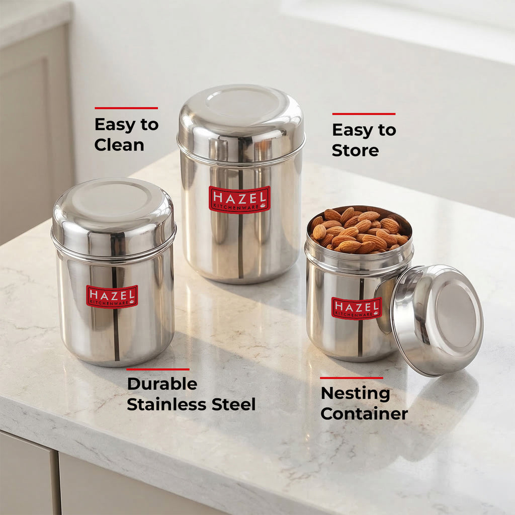 Stainless Steel  Kitchen Containers for Tea, Coffee, Sugar - 3 pc : 300 ML, 500 ML, 650 ML