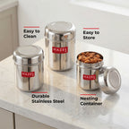 Stainless Steel  Kitchen Containers for Tea, Coffee, Sugar - 3 pc : 300 ML, 500 ML, 650 ML