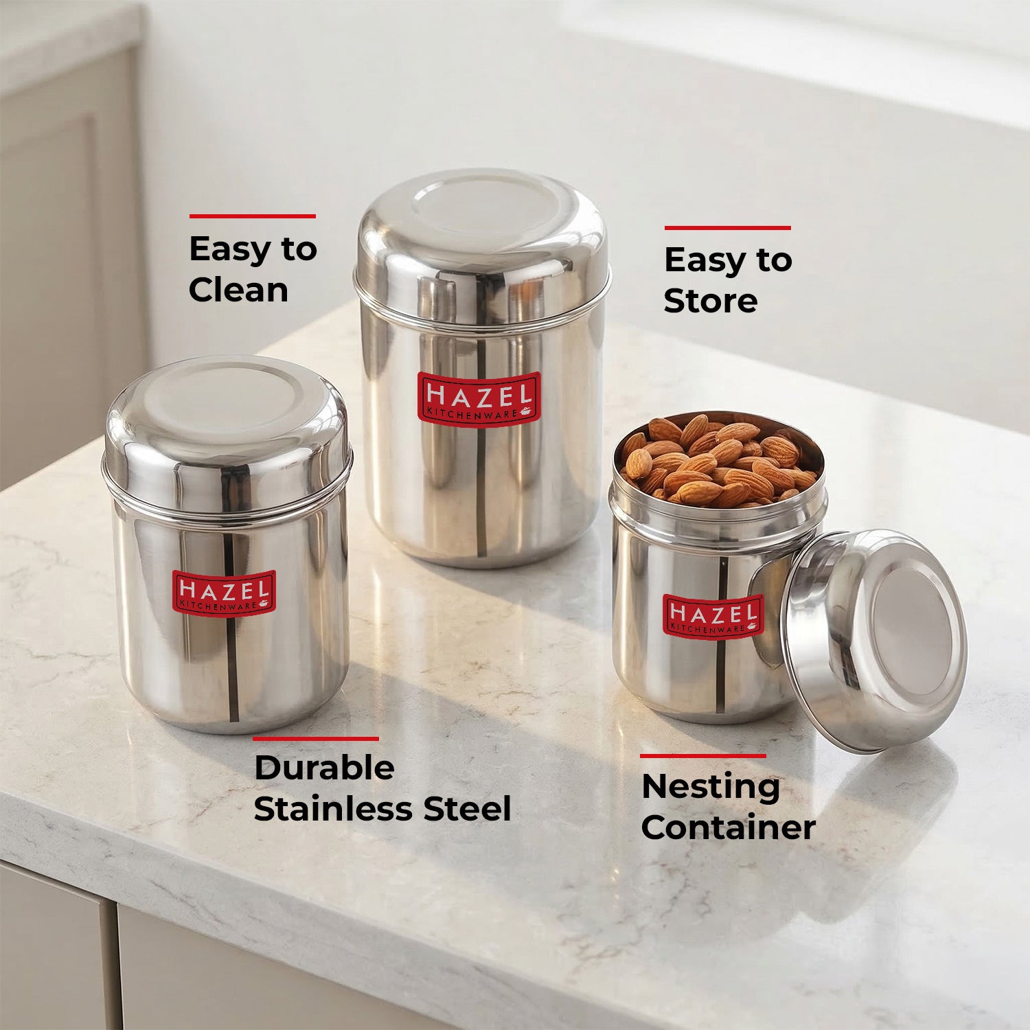 Stainless Steel  Kitchen Containers for Tea, Coffee, Sugar - 3 pc : 300 ML, 500 ML, 650 ML