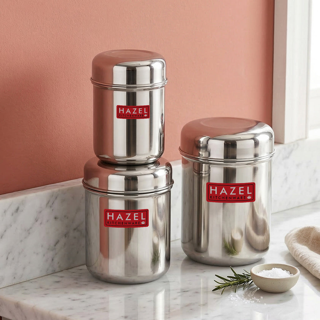 Stainless Steel  Kitchen Containers for Tea, Coffee, Sugar - 3 pc : 300 ML, 500 ML, 650 ML