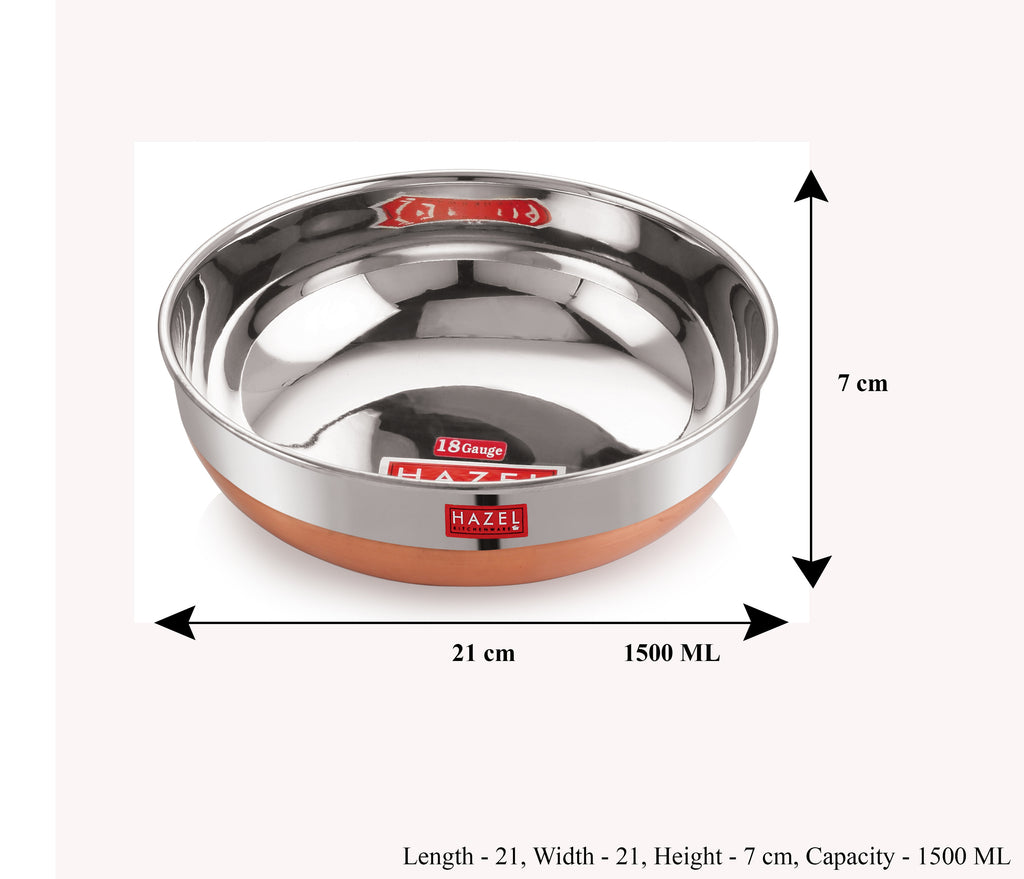 Heavy Gauge Stainless Steel Tasra with Copper Bottom, 1500 ml, Silver & Copper