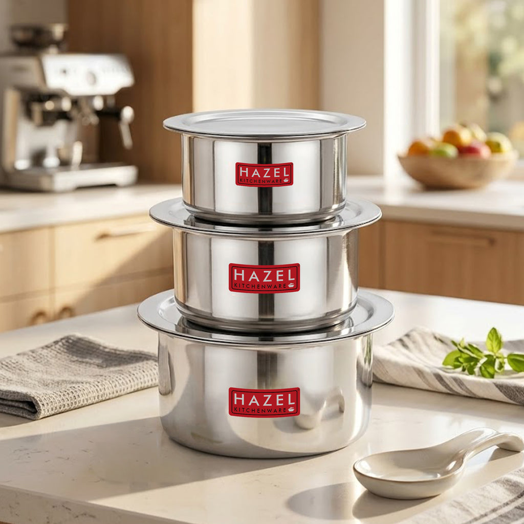 Stainless Steel Patila (Tope) Flat Bottom Set of 3 – 300ML, 500ML & 700ML