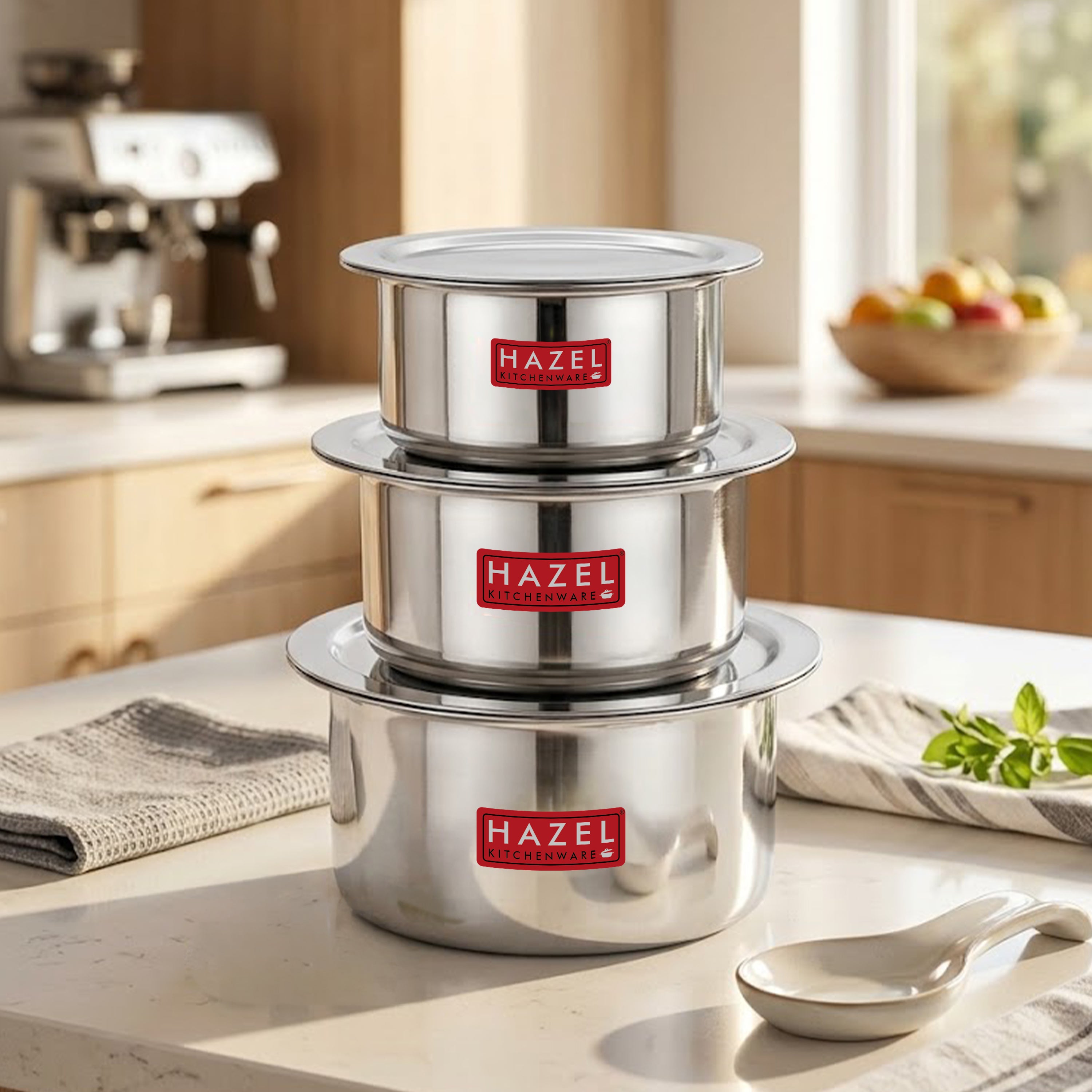Stainless Steel Patila (Tope) Flat Bottom Set of 3 – 300ML, 500ML & 700ML