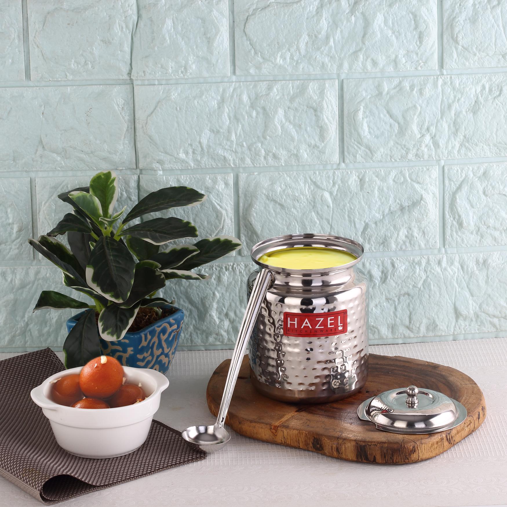 Stainless Steel Ghee Container with Spoon, Oil Containers for Kitchen with Lid, 400 ML