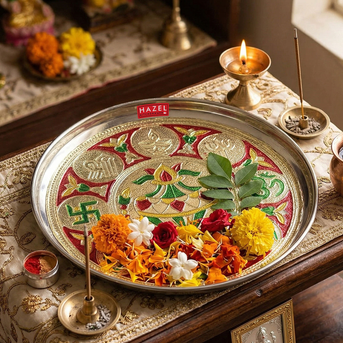 Steel Shubh Labh Designer Puja Thali, 22.5 cm