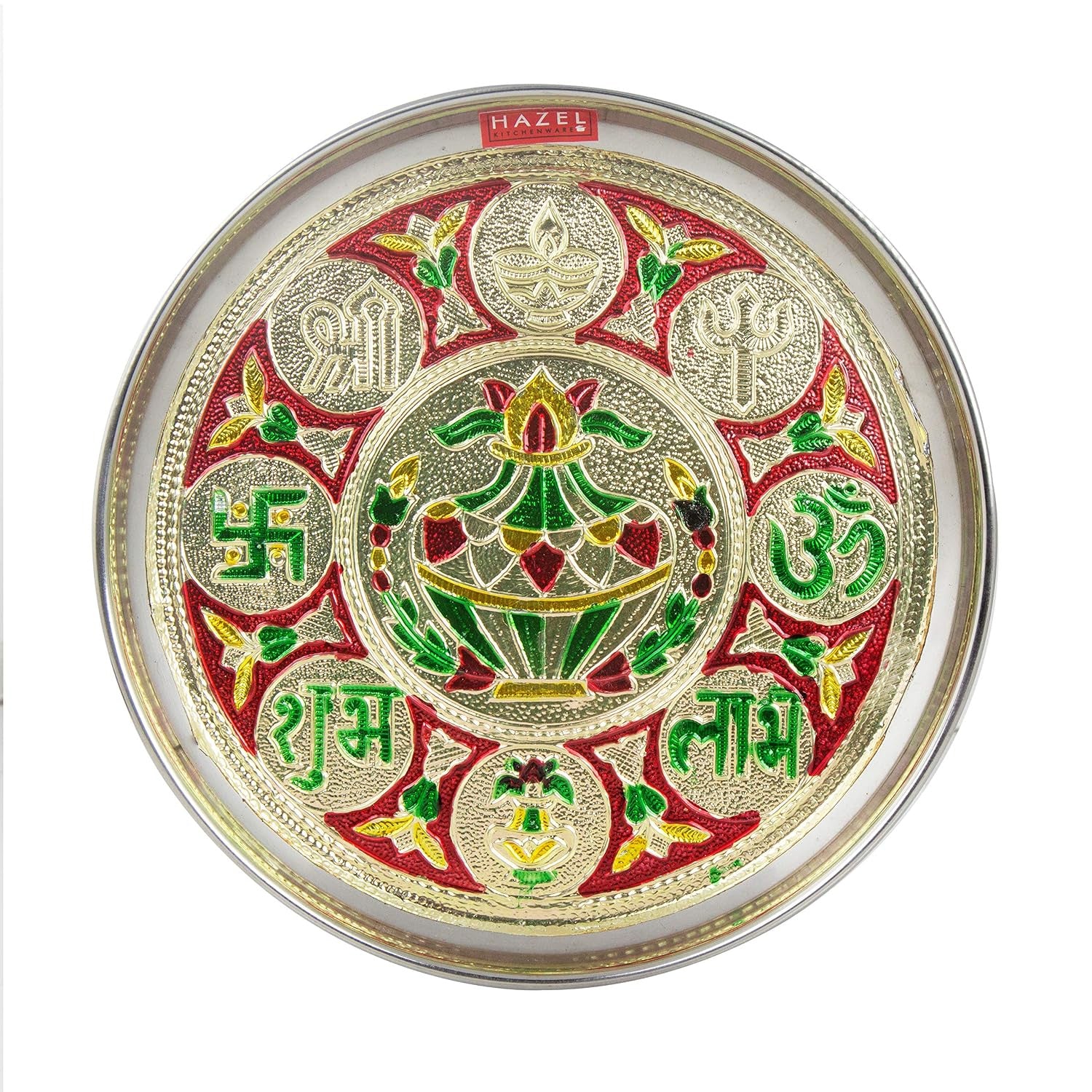 Steel Shubh Labh Designer Puja Thali, 22.5 cm