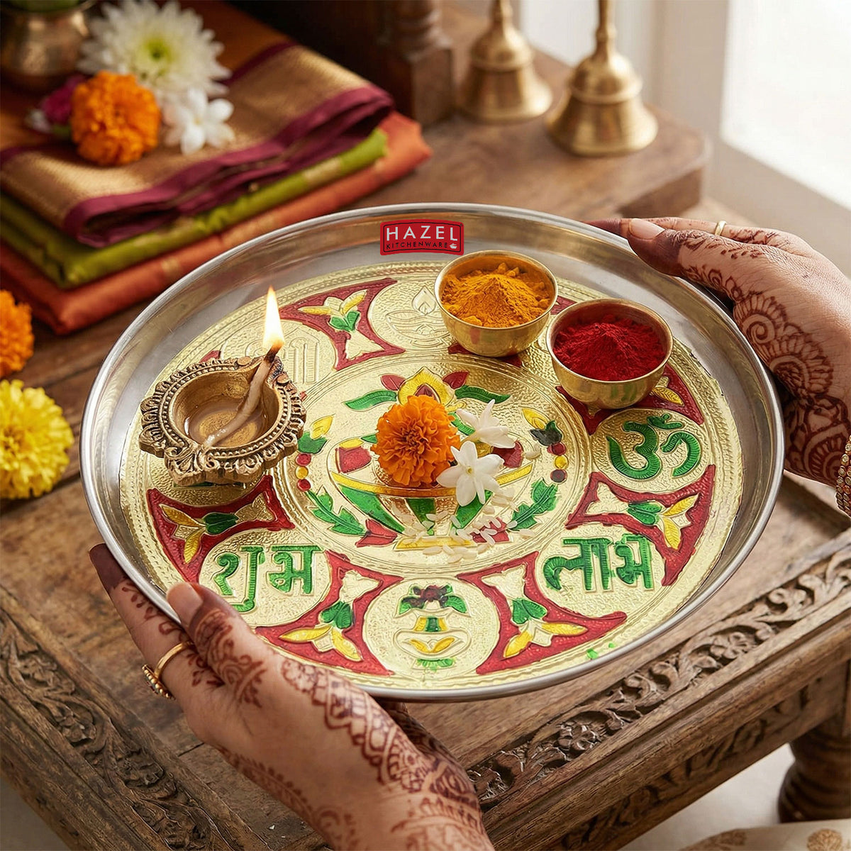 Steel Shubh Labh Designer Puja Thali, 22.5 cm