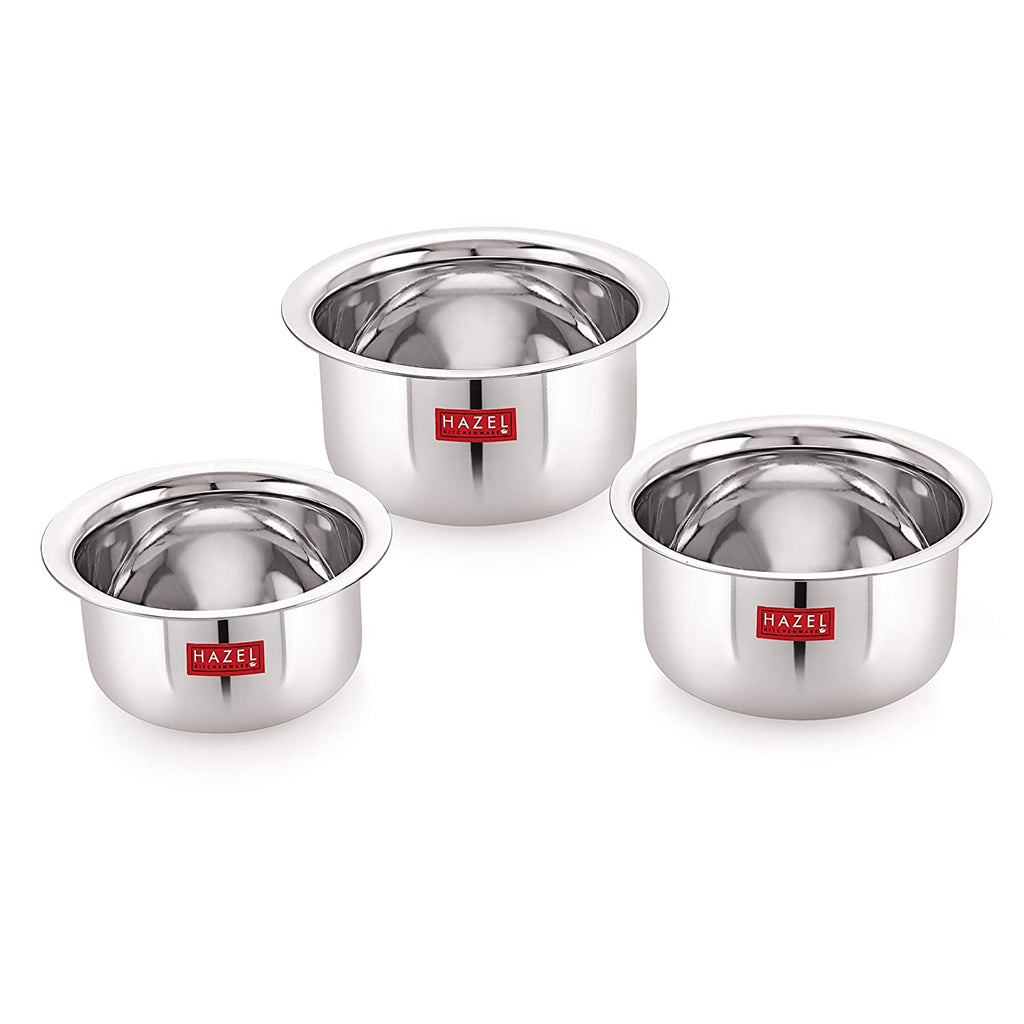 Stainless Steel Flat Tope without Lid, Set of 3, 300, 500 & 700 ml, Silver