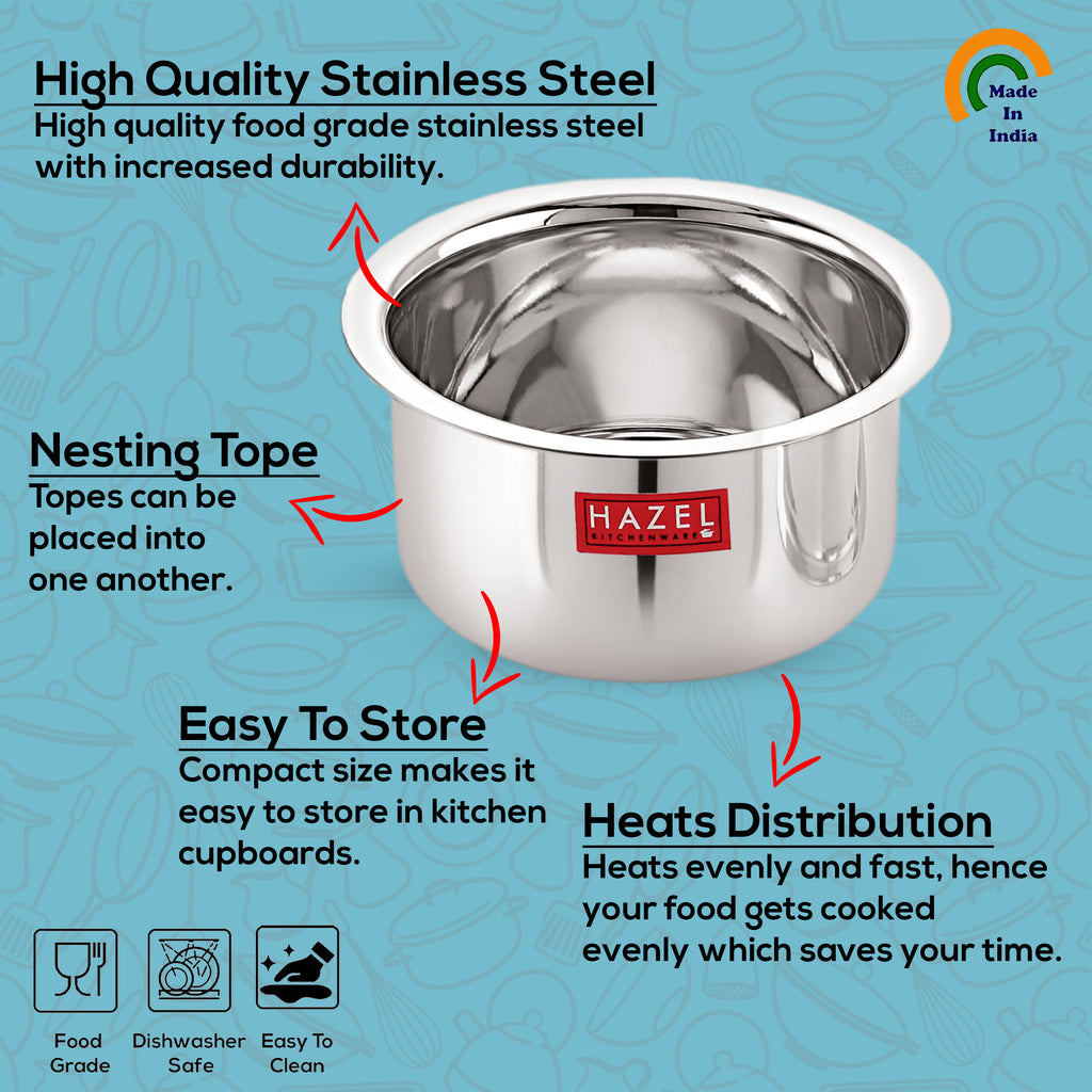 Stainless Steel Flat Tope without Lid, Set of 3, 300, 500 & 700 ml, Silver