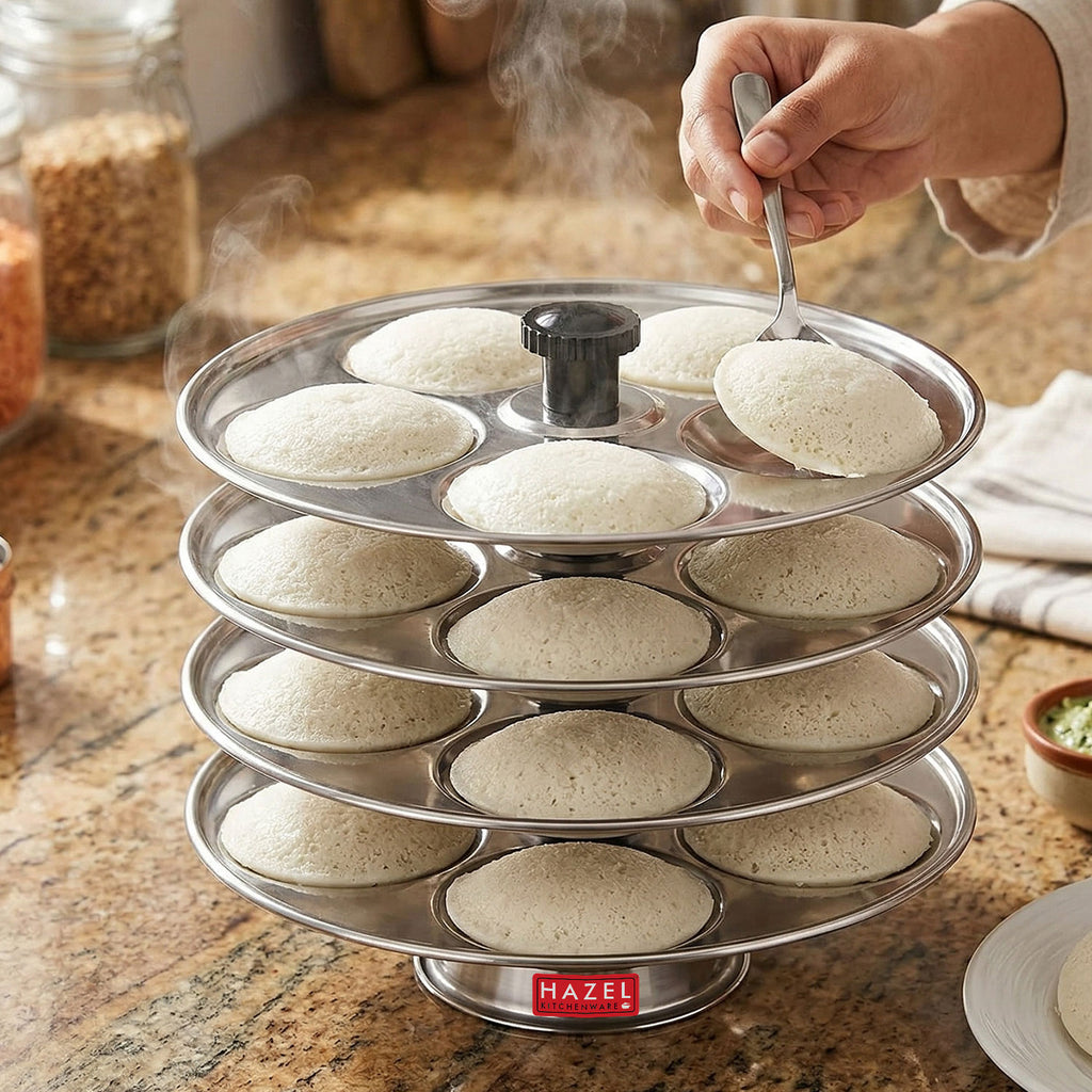 Stainless Steel Idli Thali With Stand,  4-Rack Plates, 20 Idlis