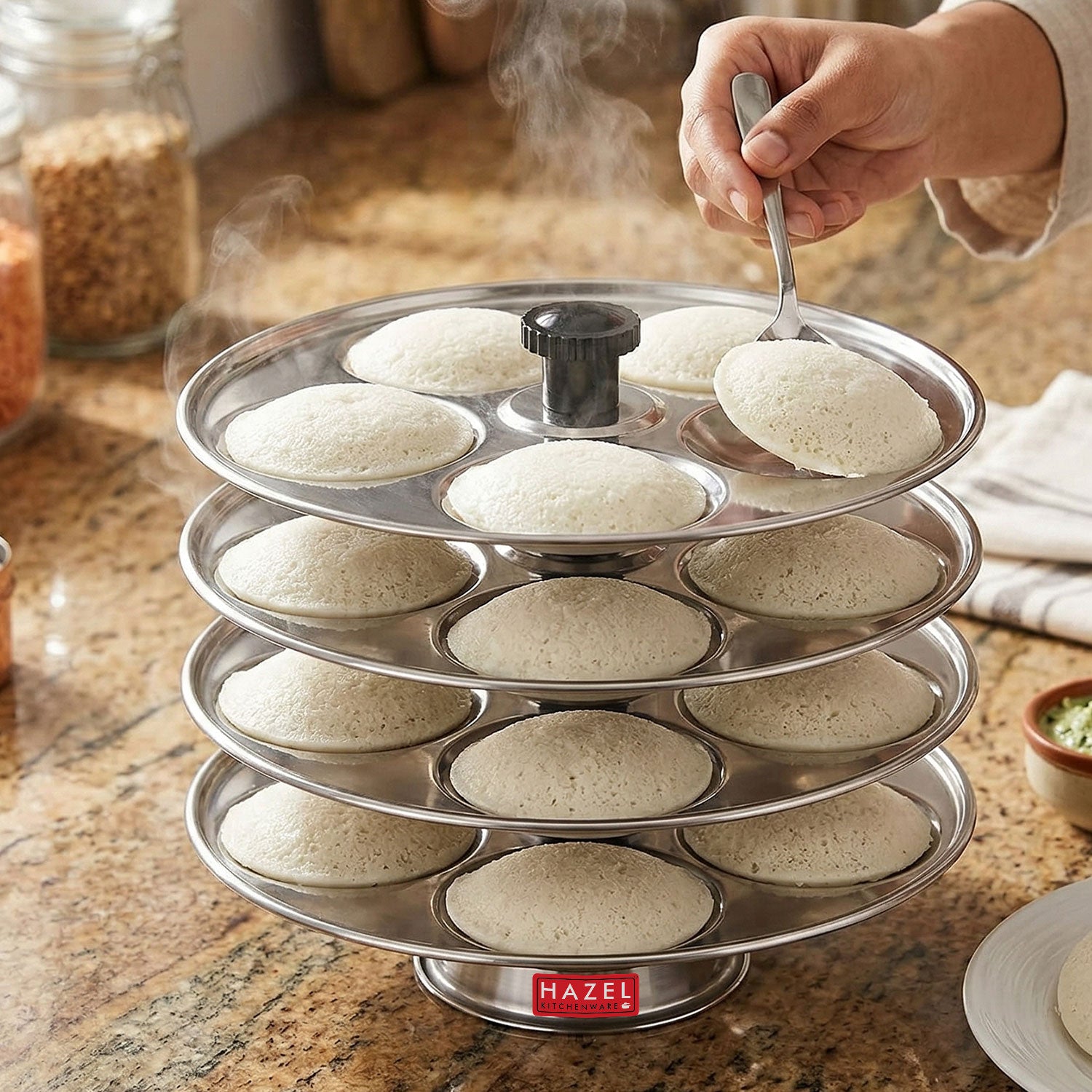 Stainless Steel Idli Thali With Stand,  4-Rack Plates, 20 Idlis